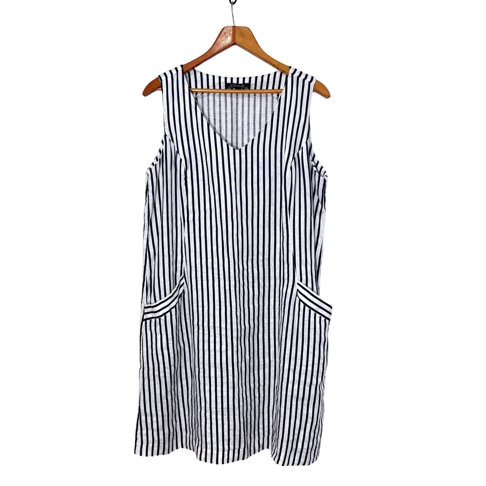 Charlie‎ B Linen Navy Stripe Shift Dress XL Pockets Nautical Coastal Lagenlook